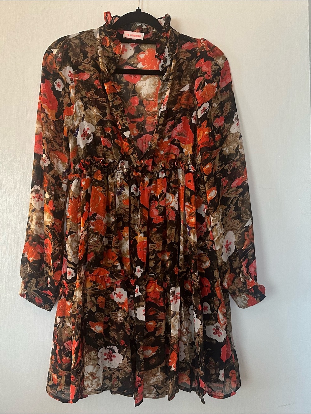 Autumn Floral Long-Sleeve V-Neck Mini Dress with Orange Accents